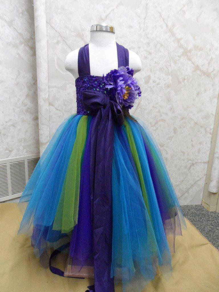 blue green turquoise girls peacock pageant dress