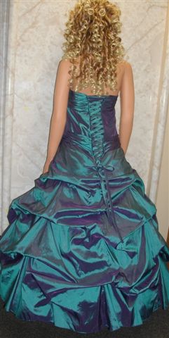 taffeta teal evening gown with pickup skirt