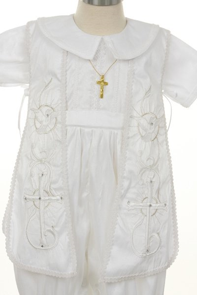 The jacket is complimented with dual cross and dove embroidery