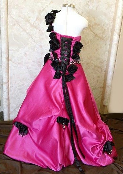 Watermelon and black rose ball gown
