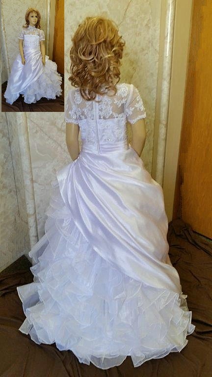 Short sleeve lace flower girl dress with illusion sleeves