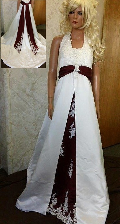 Ivory and wine wedding dress