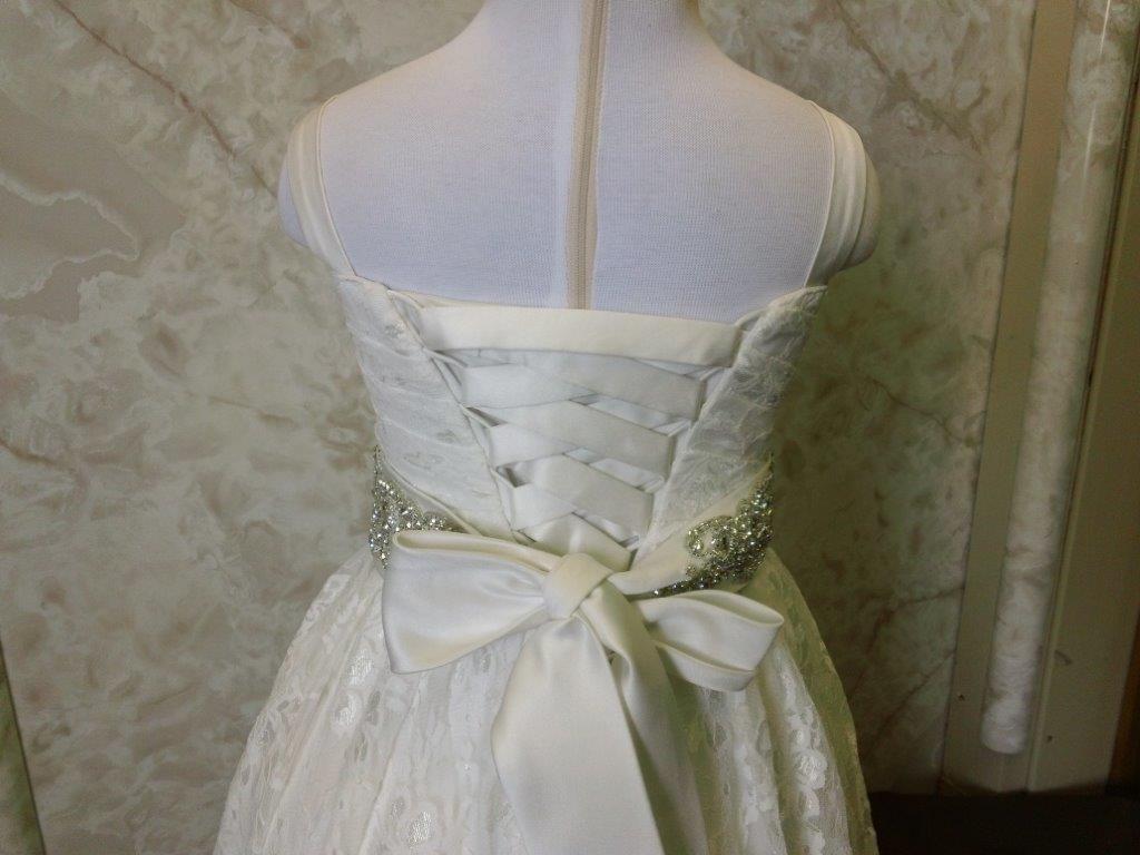 lace flower girl dress with corset back and jeweled sash
