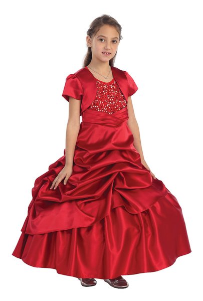 Girls red halter pageant ball gown and jacket