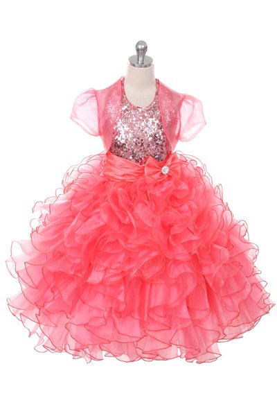 coral Halter ball gowns for girls with sequin top and ruffled skirt