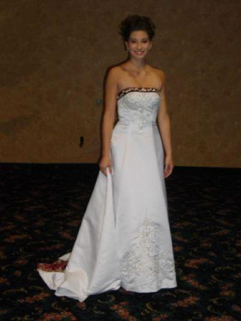White and merlot strapless wedding dress
