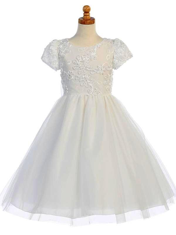 short sleeve tea length white communion dress