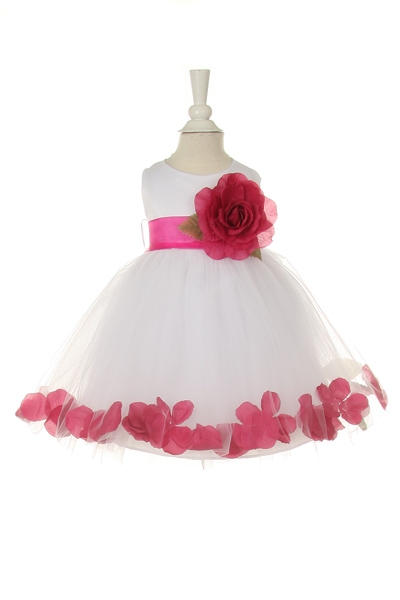 white  baby flower girl dress with fuchsia petals and sash