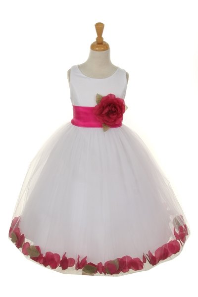 white flower girl dress with fuchsia petals and sash