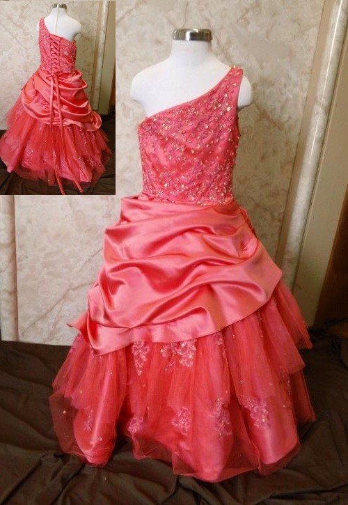 girls coral one shoulder pageant dress