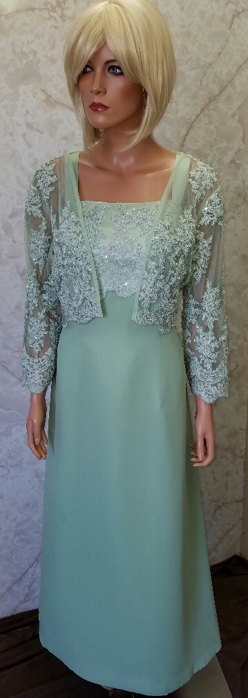 Mother of the bride light green, dress with sheer jacket.