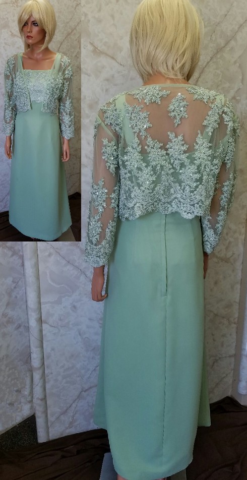 Mother of the bride light green, dress with sheer jacket.