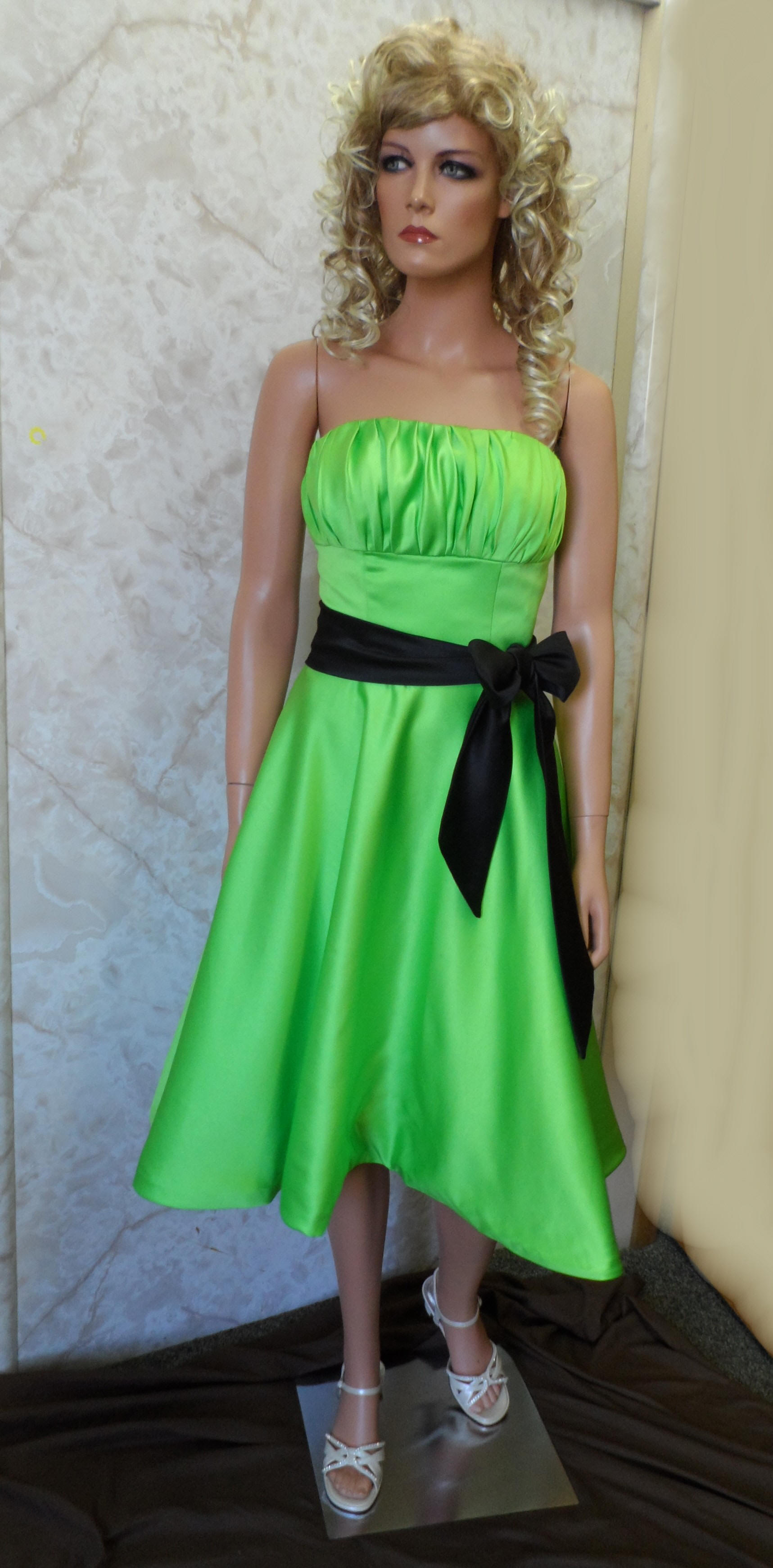 short green bridesmaid dress with black sash