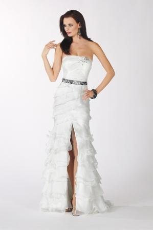 strapless asymmetrical ruffle belted sheath