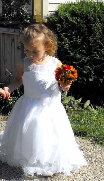 long white flower girl dress with sheer neckline