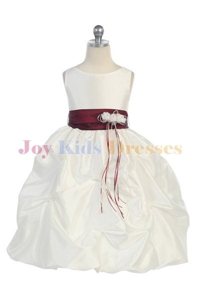 kids dresses with pick up skirt and burgundy sash