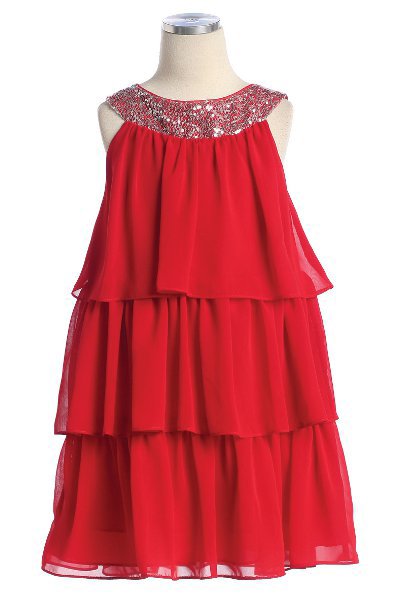 Girls tiered dress with sequin trim