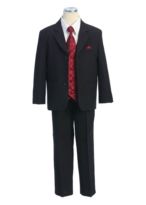 black suit with burgundy checkered vest and tie