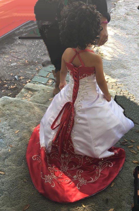 red and white flower girl dress with train