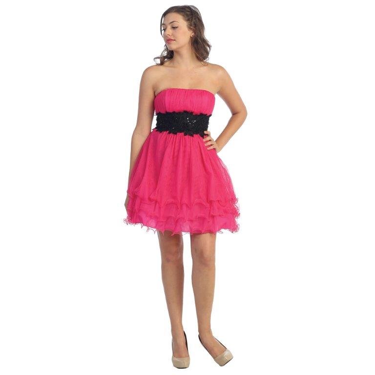 fuschia black Strapless Chiffon Knee Length dress