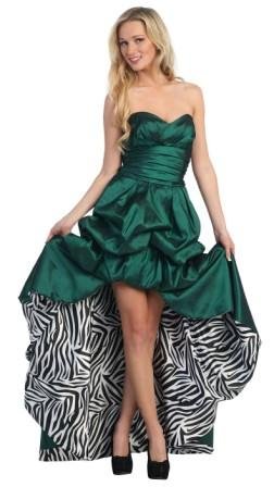 hunter green and zebra high low prom dress