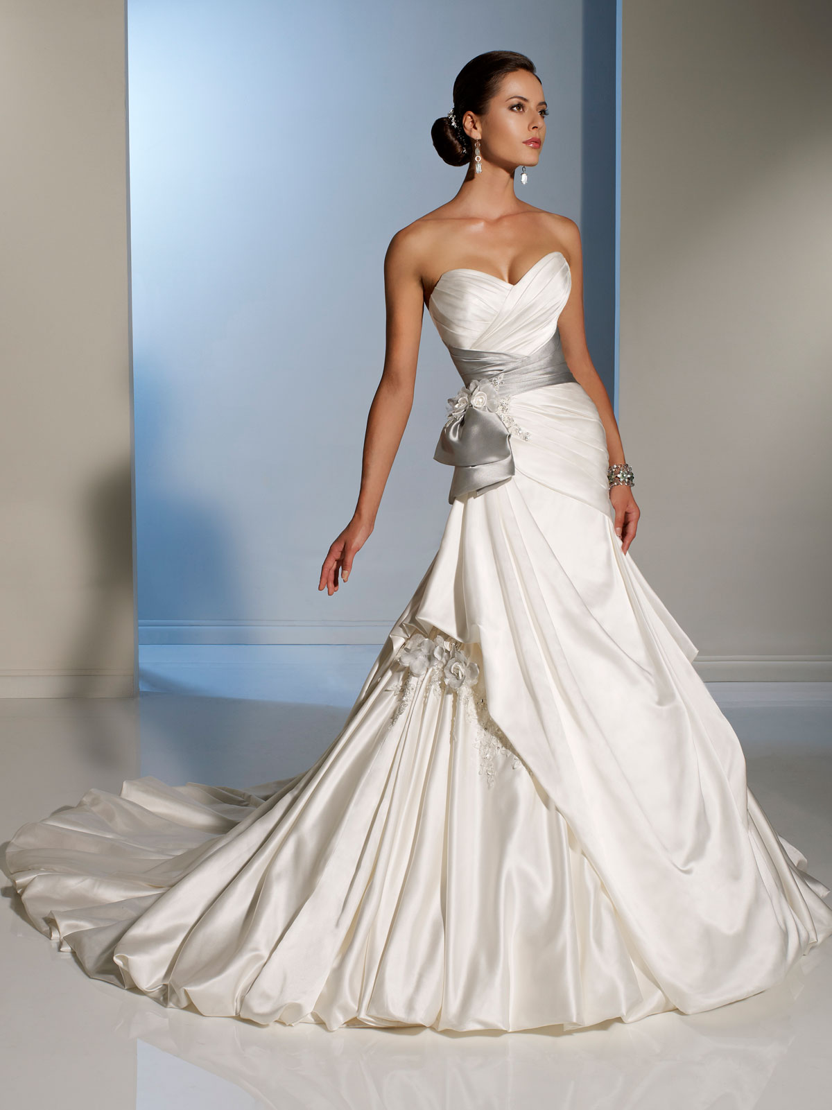 sweetheart wedding gown with silver sash