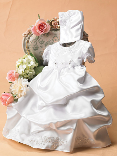 White Baptism Christening Pick Up Dress Gown Bonnet