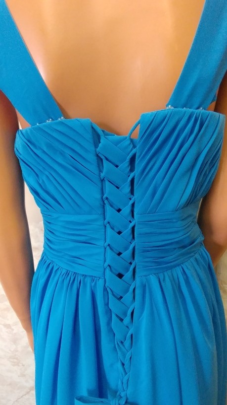 Blue and coral bridesmaid dresses.