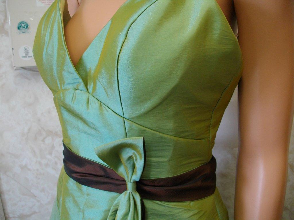 Cheap Green Bridesmaid Dress With Purple sash.