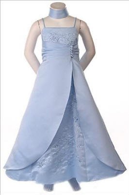 blue ruched and embroidered flower girl dress