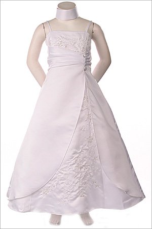 white ruched and embroidered flower girl dress
