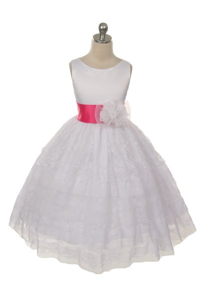 white lace flower girls dress with fuchsia sash