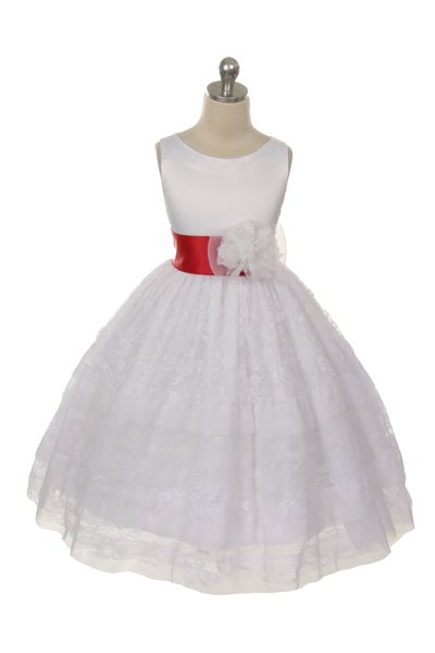 white lace flower girls dress with red sash