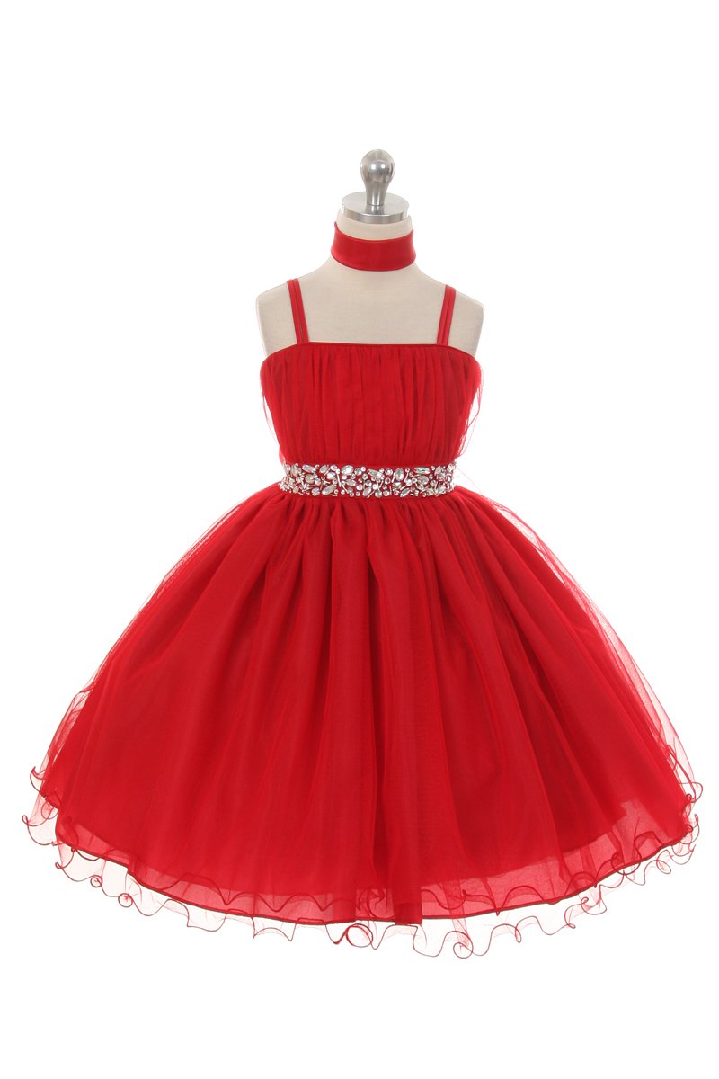girls red tea length dress