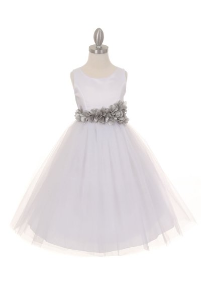 white flower girl dress with silver flower sash