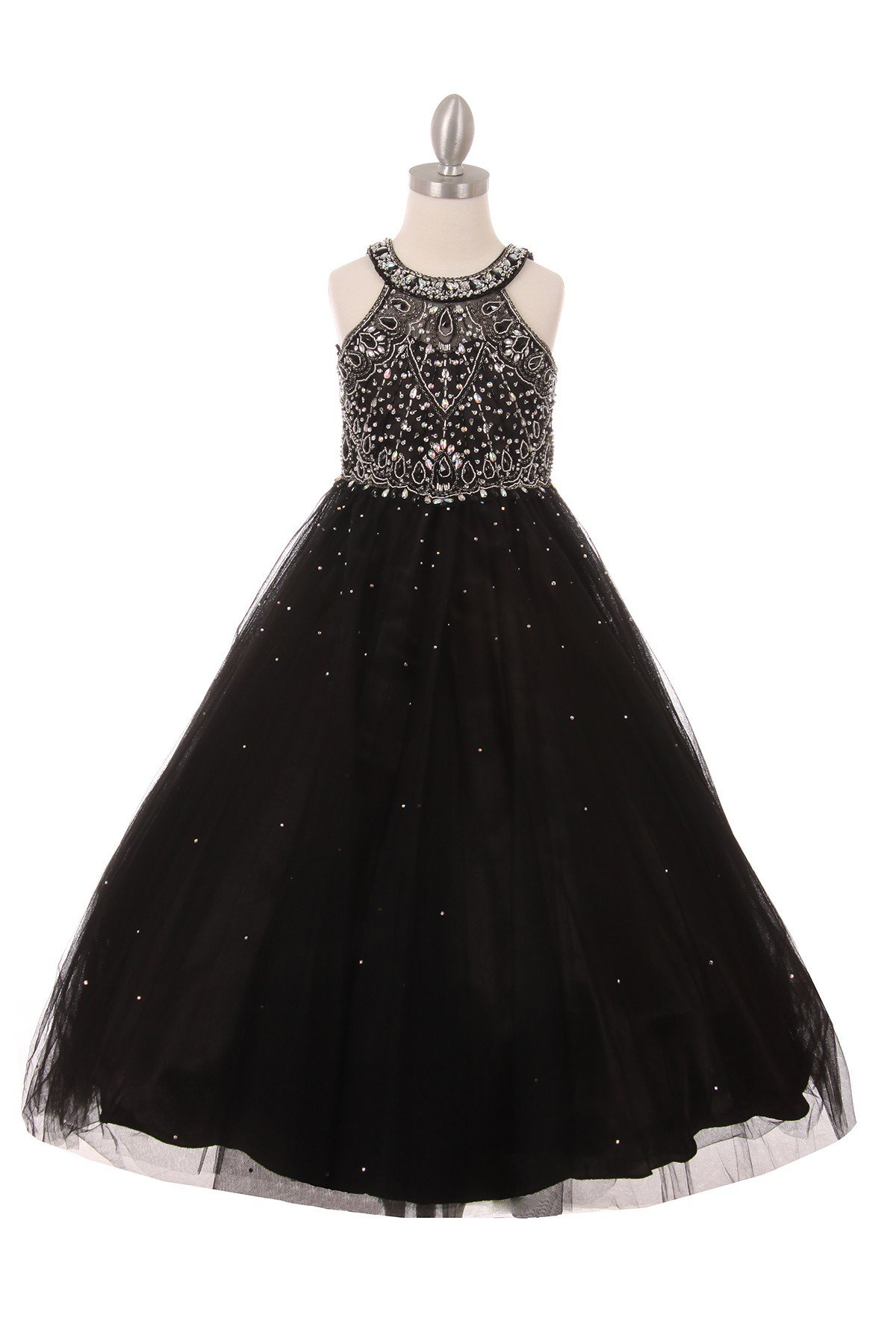 black rhinestone halter neck party dress. Super soft tulle skirt with wire netting on the bottom.  