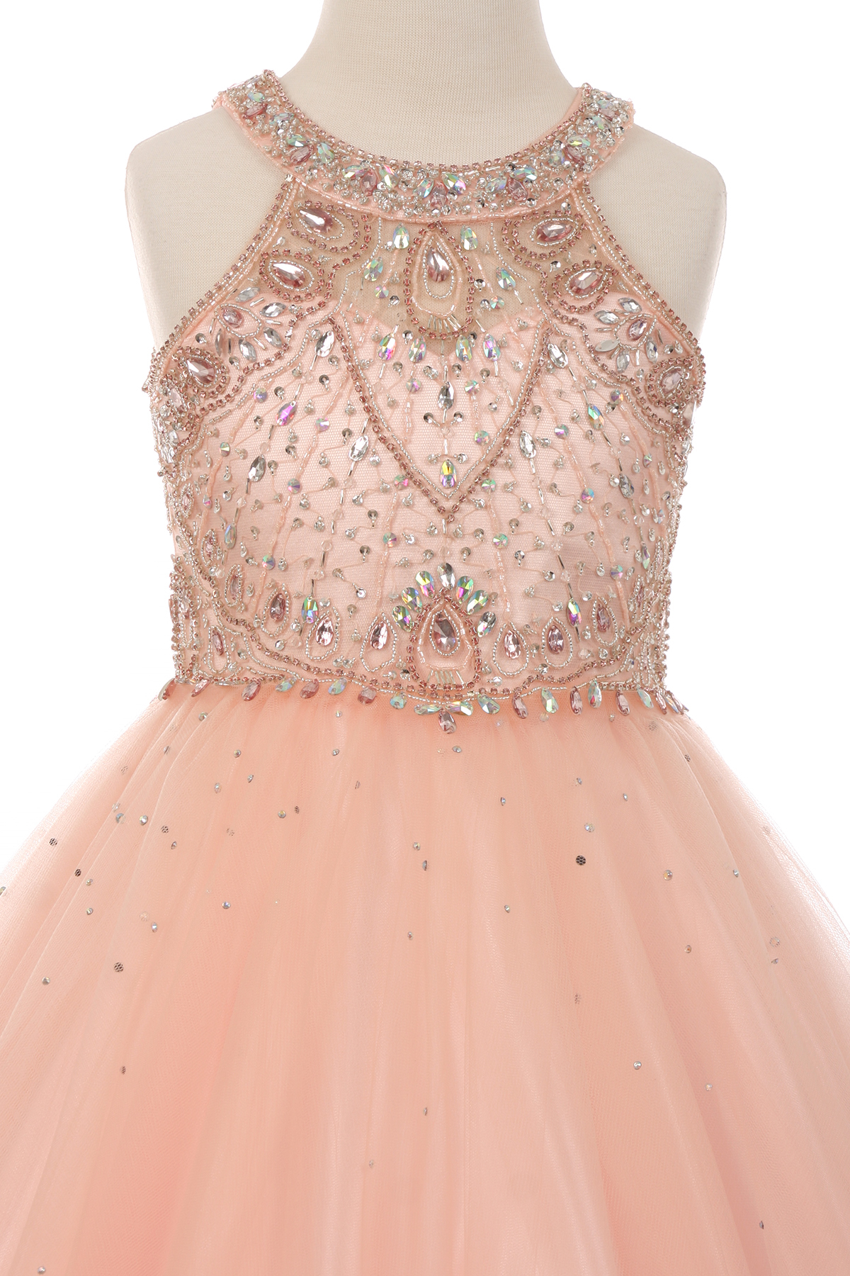 Blush  rhinestone halter neck party dress. Super soft tulle skirt with wire netting on the bottom.  