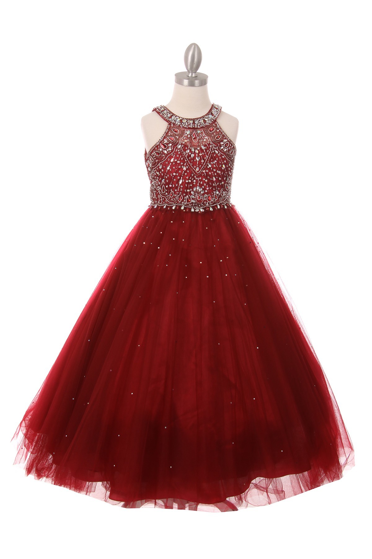 Burgundy  rhinestone halter neck party dress. Super soft tulle skirt with wire netting on the bottom.  