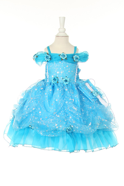 Turquoise fairytale off the shoulder princess gown with corset waist, pickup skirt covered with sparkle, and flowers.