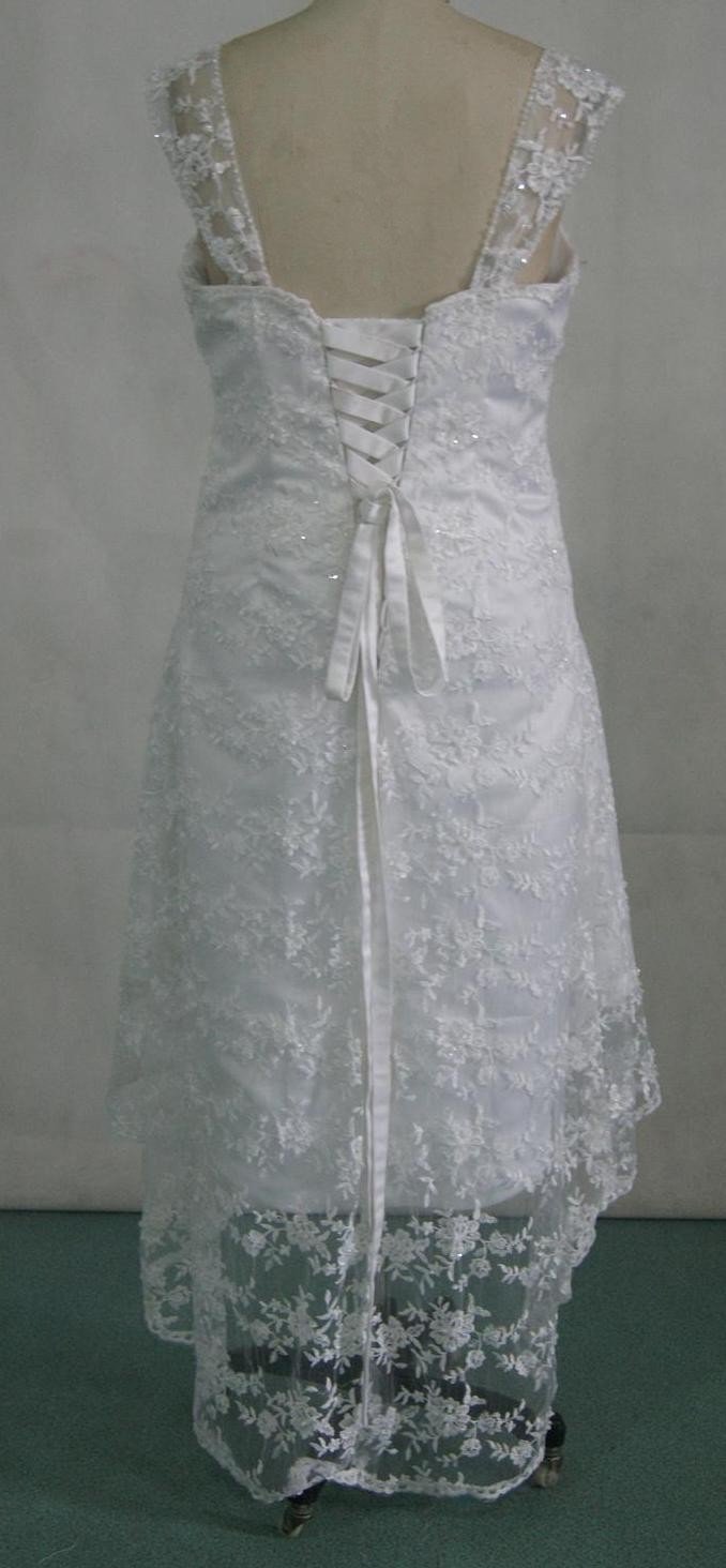 Customized sheer lace high low wedding gown