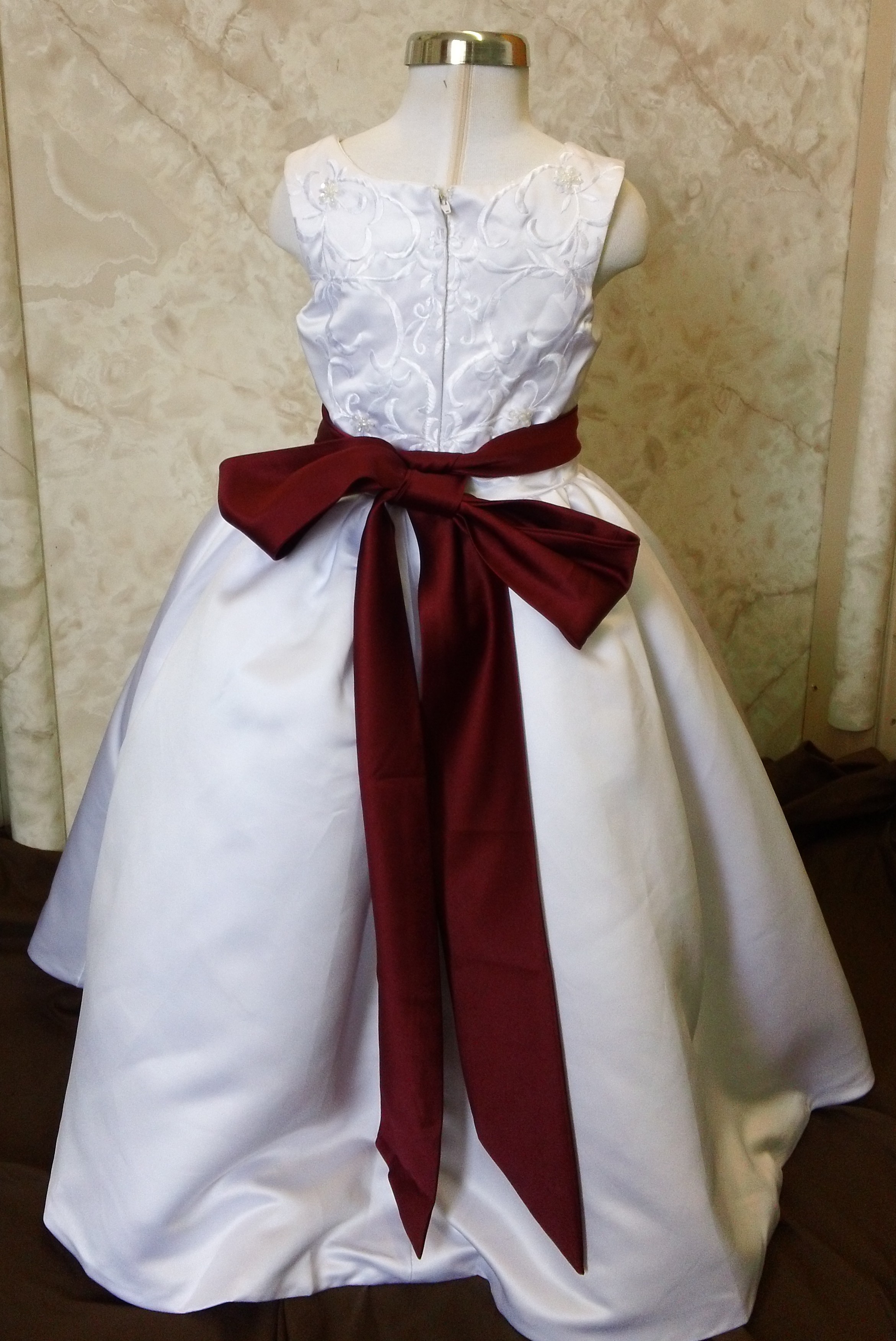 White Flower Girl Dress - Embroidered Satin.