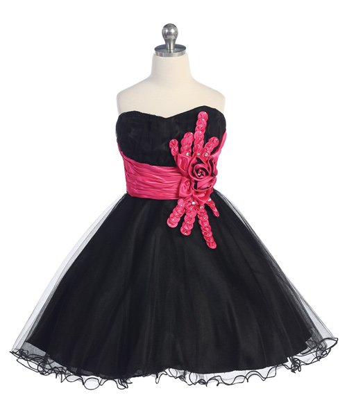 Black mini junior double layer tulle dress with fuschia