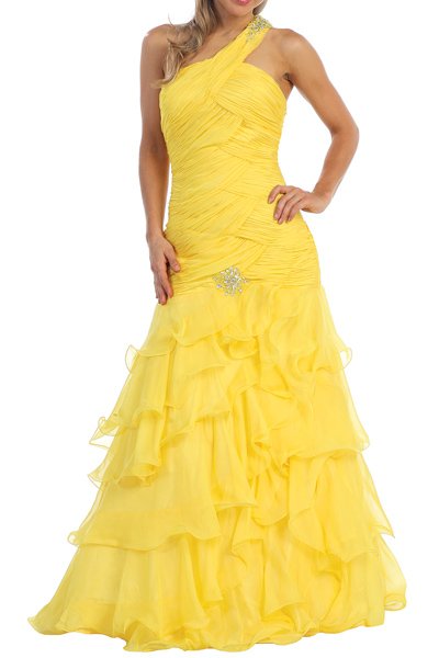 yellow one shoulder ruffle chiffon dress