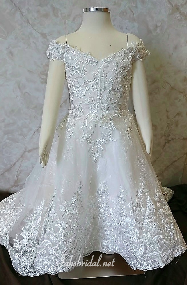 Off shoulder lace flower girl dress.  A toddler size 3 flower girl will be wearing this dress to match the bride.  