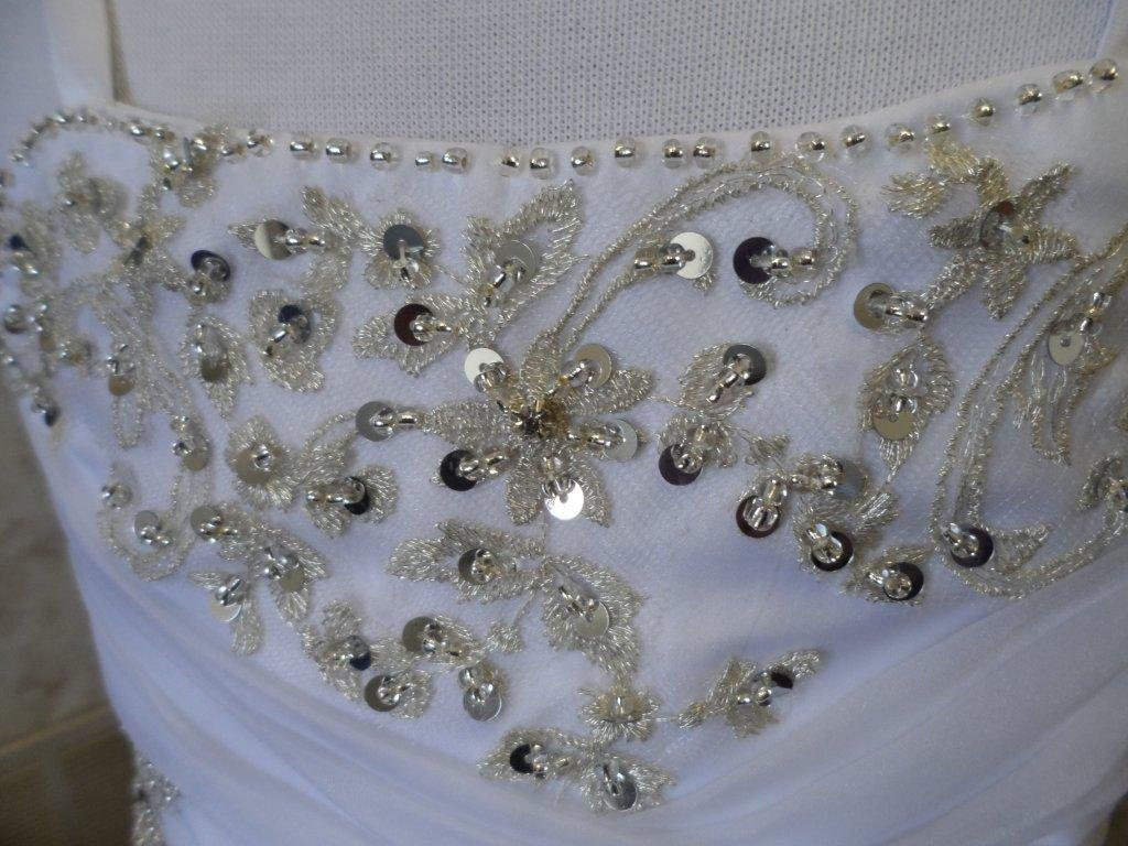 White organza miniature bridal gown with silver embroidery