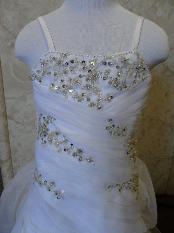 White organza miniature bridal gown with silver embroidery