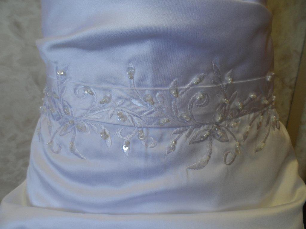 light ivory satin flower girl dress with embroidered dropped waist