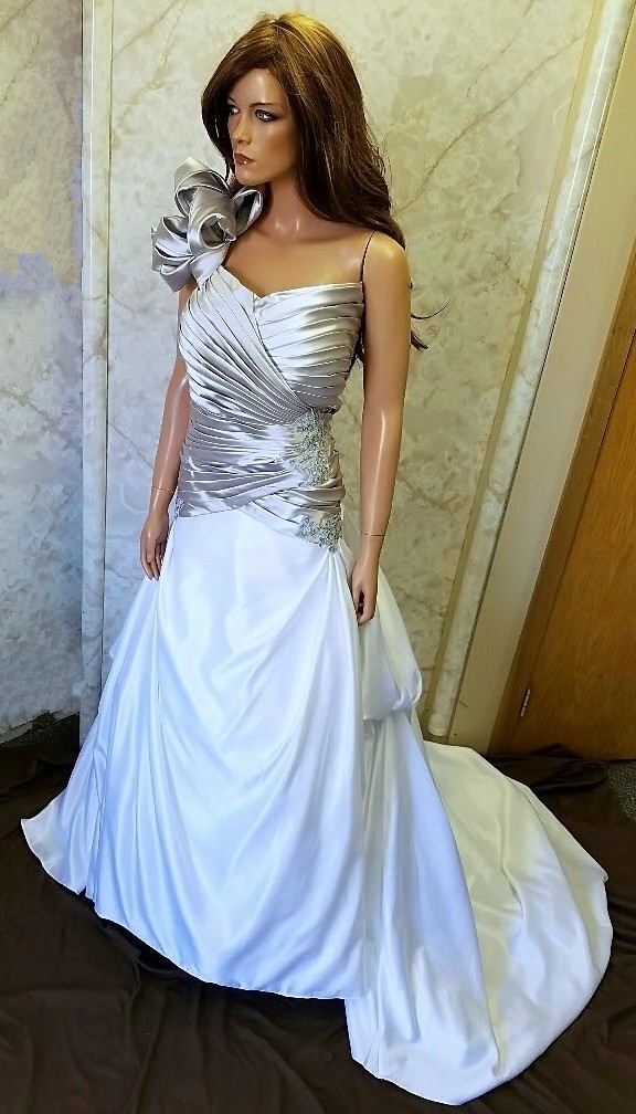 silver and white wedding gown