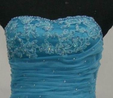 Blue strapless ruched bodice with beaded applique