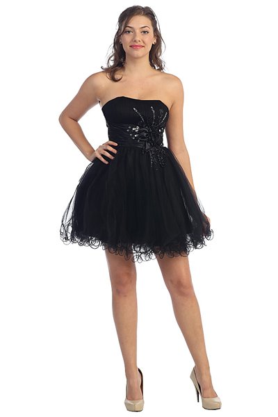 black strapless baby doll prom dress